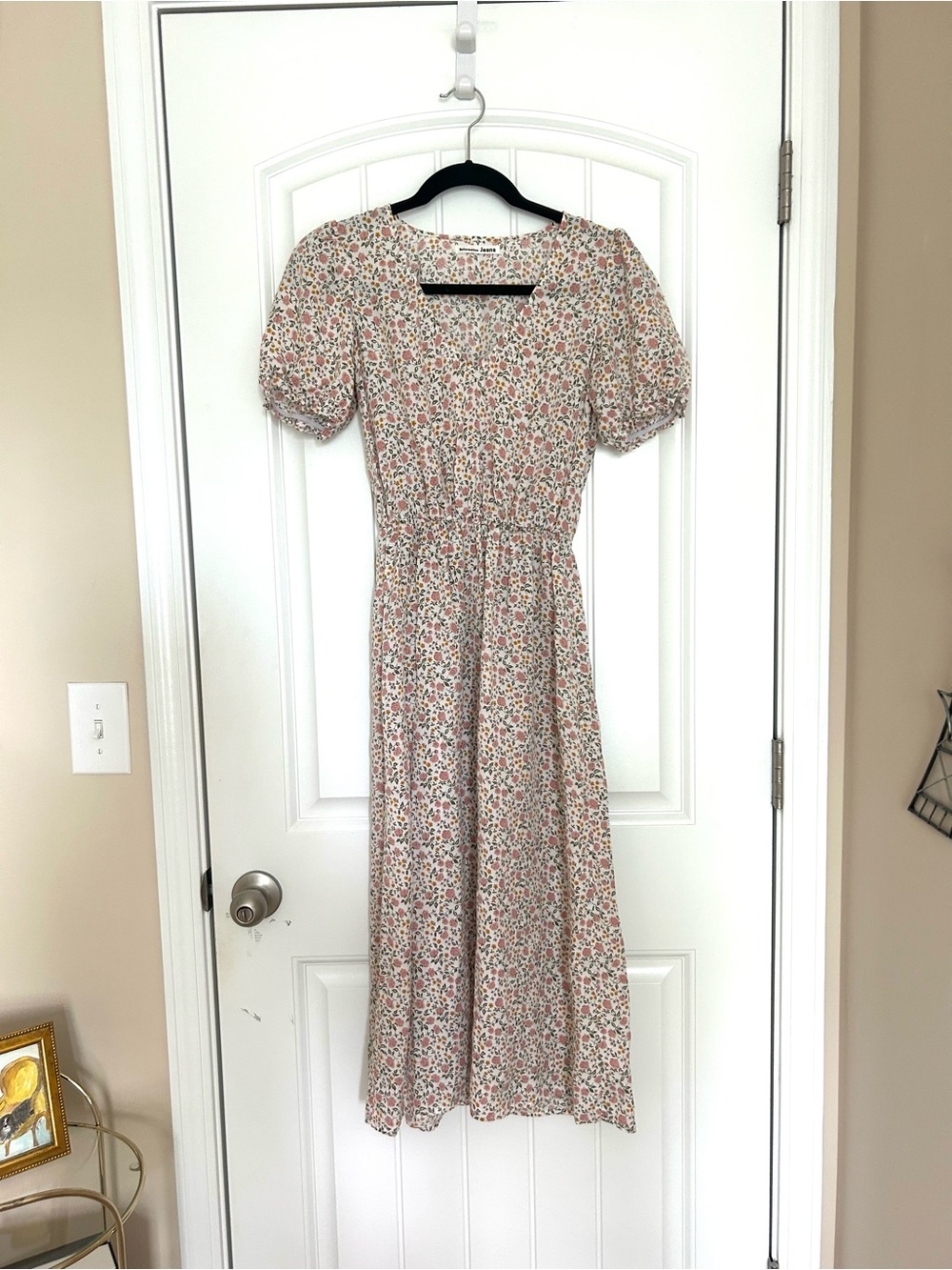 Reformation Floral Puff-Sleeve Midi Dress in Cream and Pink